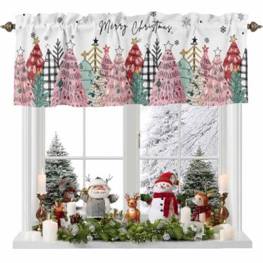 Imagem de Merry Christmas Tree Valances Cortina para Janelas Colorida Rosa Vermelho Verde Xadrez Árvore de Natal Inverno Floco de Neve Pintado à Mão Graffiti Valance Rod Pocket Cortinas Curtas para Cozinha