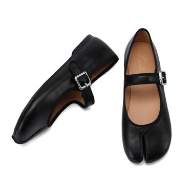 Imagem de Cuctos Sapatos Femininos Casuais Com Fivela E Tira, Bailarina Ninja, Confortáveis, Mocassins Mary Jane, Balé, Couro Sintético, Bico Dividido, Preto