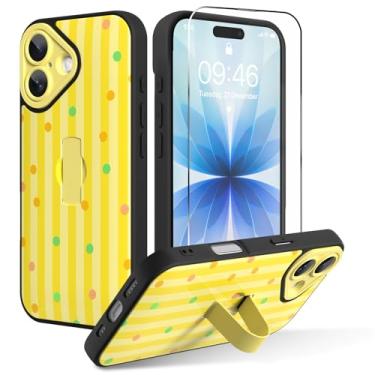 Imagem de OOK Capa para iPhone 17 com protetor de tela, linda capa de telefone com listras amarelas de bolinhas com alça de dedo ajustável, proteção total para mulheres e meninas