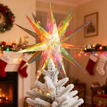 Imagem de PATTEPOINT Estrela grande da Morávia colorida de 33,7 cm, 21 pontos, enfeite de árvore de Natal para pendurar com luz LED multicolorida, estrela de topo de árvore de Natal 3D para decoração de casa ao