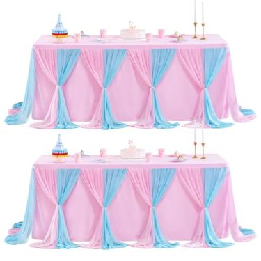 Imagem de Toalha de mesa de tule azul rosa pacote com 2 capas de mesa esticáveis cruzadas 3 lados para casamento, aniversário, decoração de festa, banquete, chá de panela, serve para mesas retangulares de 1,8 m