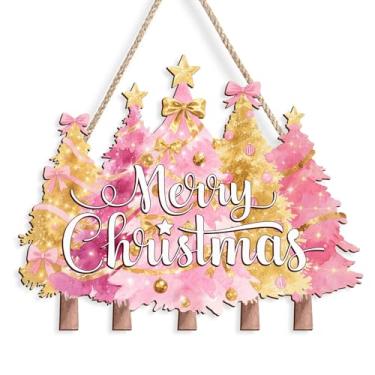 Imagem de COLOR VALLEY ART Decoração de parede de árvore de Natal rosa, 30,5 x 23 cm, placa de madeira de feliz Natal, decoração rústica para casa de férias (rosa)