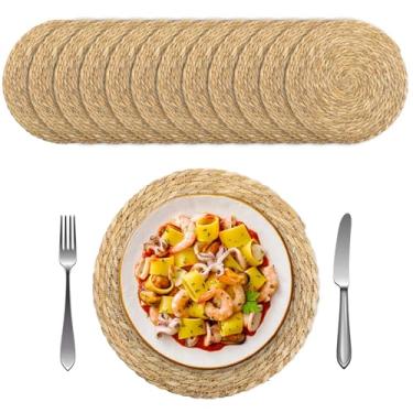 Imagem de Jogo americano redondo de tecido de 30,5 cm, conjunto de 12, jogos americanos de vime boho de vime rústico para pratos de jantar, tapetes circulares de palha para decoração de mesa interna e externa