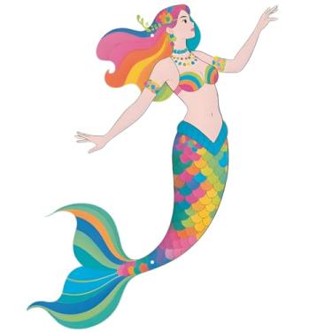 Imagem de Decoração de parede de sereia de metal grande - Arte de parede costeira de animais marinhos arco-íris de 39,9 cm, decoração náutica para banheiro, piscina, jardim, cerca, quintal, pátio, varanda, casa