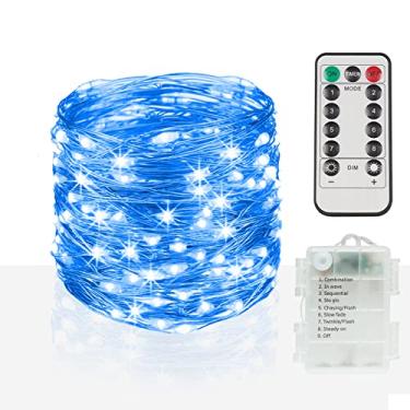 Imagem de suddus Cordão de luzes LED 100 LED para ambientes externos, luzes azuis de fadas operadas por bateria com controle remoto, luzes LED cintilantes para quarto, quintal, casamento, árvore, pote de