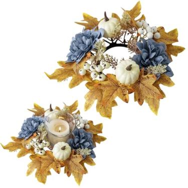 Imagem de Suporte de vela de outono de Ação de Graças, bagas de abóbora, folhas de bordo, flores de dália, guirlanda de vela para outono, casamento, colheita, mesa, centro de mesa, suprimentos de decoração