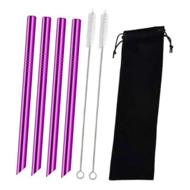 Imagem de SiaBiced 4 Canudos Reutilizáveis ​​de aço Inoxidável, Canudos Portáteis com Escova de Limpeza, Canudos de Metal Reutilizáveis ​​para Coquetéis, Lojas E Cozinha, Roxo, Tamanho real