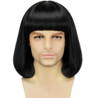 Imagem de Daiaces Peruca curta preta bob para homens com franja inteira plana perucas engraçadas femininas unissex fantasia cosplay peruca festa de Halloween