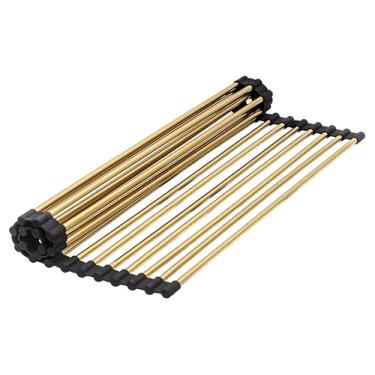 Imagem de Escorredor de louça dourado sobre a pia – escorredor de pratos enrolado de 45 x 33,4 polegadas, escorredor de pratos de cozinha envolto em silicone, tapete de pia dobrável antiderrapante, escorredor