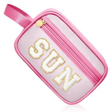 Imagem de Bolsa de proteção solar transparente COSHAYSOO rosa com letra Chenille