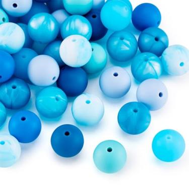 Imagem de Spritewelry 80 contas de silicone para fazer chaveiros, contas redondas coloridas azuis de 15 mm, contas de silicone para pulseira DIY, colar, corrente de telefone, joias, 8 cores (azul)