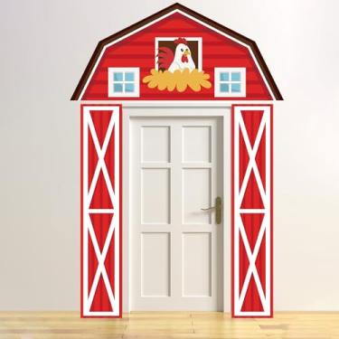 Imagem de Decorações de festa de animais de fazenda - 3 peças com tema de fazenda banner de porta de celeiro pendurado fazenda aniversário cabine de fotos pano de fundo para animal aniversário suprimentos de