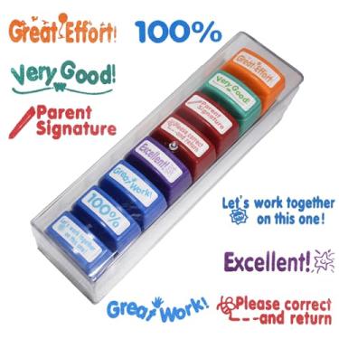 Imagem de 8 carimbos autotintáveis de professores para sala de aula – conjunto de carimbos motivacionais coloridos com caixa de armazenamento transparente, perfeito para classificar trabalhos de casa