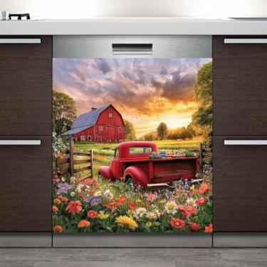 Imagem de Adesivo magnético da capa da máquina de lavar louça, pintura de caminhões e flores vermelhas, decoração de casa, 58 cm L x 66 cm A