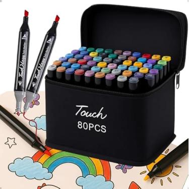 Imagem de Conjunto de Canetas 80 Cores Marcador Permanente Canetinhas para Colorir Touch com Ponta Dupla para Desenhos Profissional e Escolar com Duas Pontas e Estojo para Transporte (80)