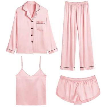 Imagem de Conjunto de pijama feminino SWOMOG, cetim, 4 peças, rosa sakura, taman