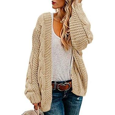 Imagem de Suéter de cardigã Ferrtye Chunky Cable Knit Bege para mulheres