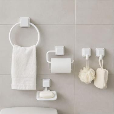 Imagem de Kit de acessórios para banheiro Branco com 5 peças: argola, papeleira 