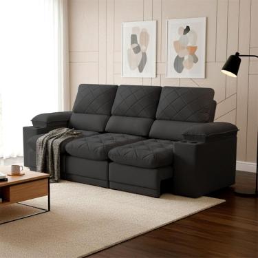 Imagem de Sofá Veneza 2,40m Retrátil Reclinável Preto USB e Porta Copos - King House