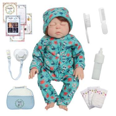 Imagem de Bebe Reborn Realista Fio a Fio Dormindo Bolsa Kit Acessórios - Cegonha