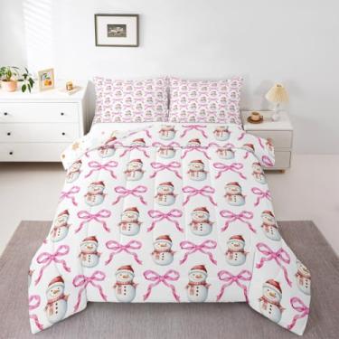 Imagem de Feelyou Conjunto de edredom de Natal, solteiro, de Natal, fofo, boneco de neve, para meninos e meninas, adolescentes, kawaii, rosa, laço de inverno, para decoração de quarto