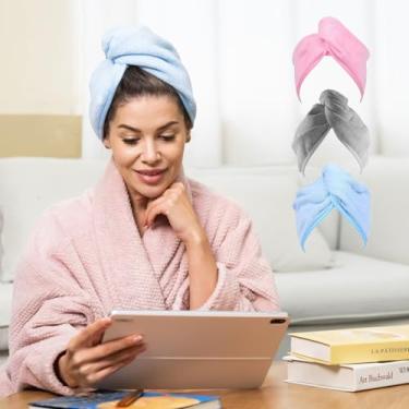 Imagem de Envoltório de toalha de cabelo de microfibra para mulheres: pacote com 3 toalhas de secagem para mulheres touca de secador essencial turbante absorvente torção touca de banho de chuveiro de secagem