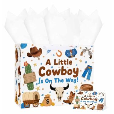 Imagem de MUNILAIL Saco de presente grande para meninos de 33 cm A Little Cowboy is On The Way com alça de papel de seda e cartão comemorativo para chá de bebê, aniversário, festa temática ocidental, sacos de