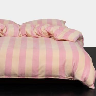 Imagem de Bedbay Conjunto de edredom King listrado rosa, luxuoso, de veludo, macio, com estampa de listras amarelas, rosa e amarelo, conjunto de cama king size para todas as estações