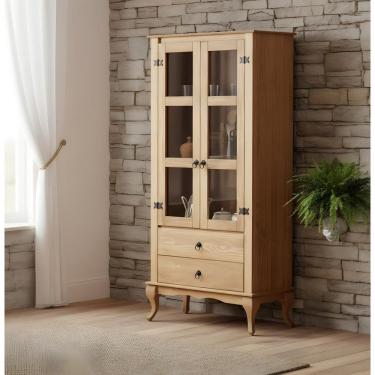 Imagem de Cristaleira Rústica Portas De Vidro Madeira Maciça 2 Gavetas - Mel