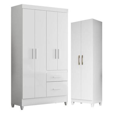 Imagem de Guarda Roupa Solteiro Madri E Armário Multiuso New íris Branco Brilho - Moval