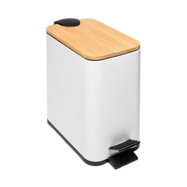 Imagem de Lixeira 5l Retangular De Metal Com Pedal E Tampa Em Bambu Branca Lyor