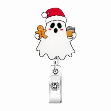 Imagem de Carretel de crachá fofo de fantasma de Natal com pão de gengibre e café, clipe de crachá de Natal para enfermeira, suporte de crachá de Natal com clipe retrátil, porta-cartão de identificação