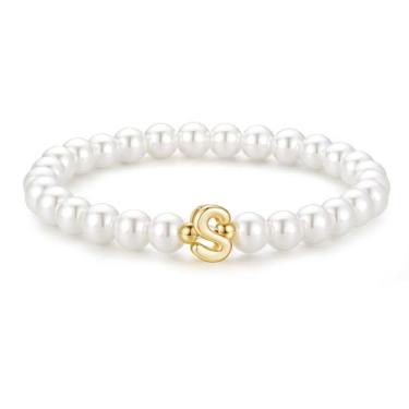 Imagem de M MOOHAM Pulseira feminina com inicial de pérola – Pulseiras delicadas com contas para mulheres, berloque moderno, letra A-Z, joias de pérolas personalizadas, presentes, 6", Latão, Sem Pedra Preciosa