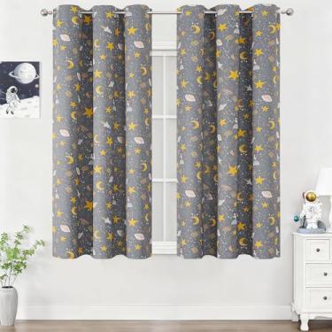Imagem de Estelar Textiler Cortinas blackout Unicorn Planet para berçário, cortinas e cortinas estampadas com isolamento térmico cinza estrela lua foguete escurecimento para quarto infantil, 96 x 137 cm (cinza