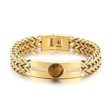 Imagem de Azubpi Pulseira masculina de aço inoxidável de corrente dupla com pedra de olho de tigre, joia de diamante hip hop para homens, presentes legais para ele