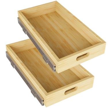 Imagem de 2 conjuntos de organizadores de armário removíveis, prateleiras de armazenamento de gaveta de madeira deslizantes macias para cozinha, organização de armário de base para despensa, acabado, resistente