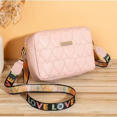 Imagem de Bolsa tiracolo de couro PU elegante – design de coração, formato quadrado, multicor, grande capacidade, fecho de zíper, rosa, Bolsa carteiro PU