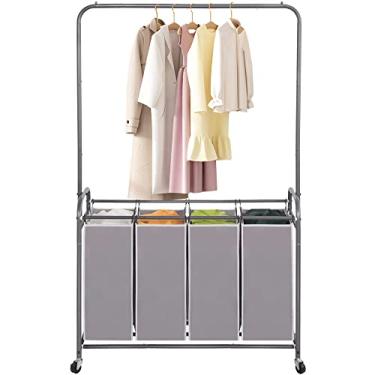 Imagem de STO STO Organizador de roupas com 4 seções com barra suspensa, 4 sacos de cesto de roupa suja com haste de pendurar, cesto de roupa suja com rodas resistentes e trava e bolsa removível para