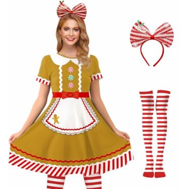 Imagem de For G and PL Fantasia feminina de elfo natalino, manga curta, vermelho, verde, vestido rodado com faixa de cabeça e meias listradas, Pão de gengibre listrado, X-Large