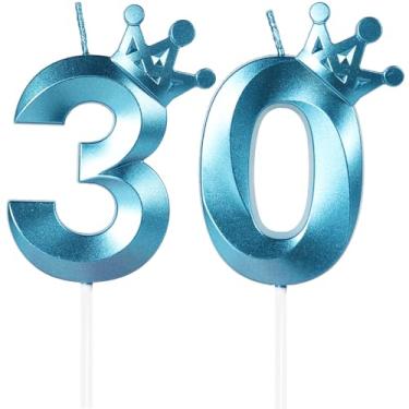 Imagem de Velas de aniversário azuis número 30 velas, topo de bolo feliz 30 anos, vela com número de coroa 3D, vela de aniversário, 30 meninos meninas, decorações de aniversário, decoração de topo de bolo azul