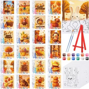Imagem de Blosssound Pacote com 24 telas pré-desenhadas de Ação de Graças para pintar kits de pintura em tela pré-impressa com cavalete, potes de tinta, pincéis, painéis esticados a granel para adultos, festa