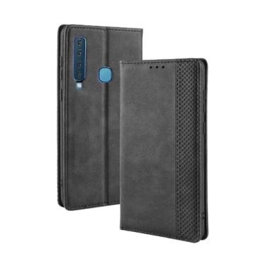 Imagem de Capa para Samsung Galaxy A9 2018,Retro Flip magnético,Caso de telefone de couro PU,Design de carteira com 3 slots de cartão e 1 clipe de dinheiro -Black