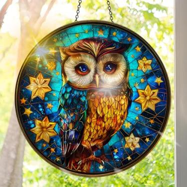 Imagem de Apanhador solar de acrílico colorido, decoração de janela suspensa de coruja com design de vitral impresso, apanhador de sol, arte de parede de arco-íris, ornamentos de Natal para uso interno e