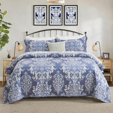 Imagem de DUOHONG Conjunto de colcha 100% algodão king size - edredom acolchoado padrão damasco, colcha King reversível vintage, roupa de cama leve para cama king, 3 peças, azul
