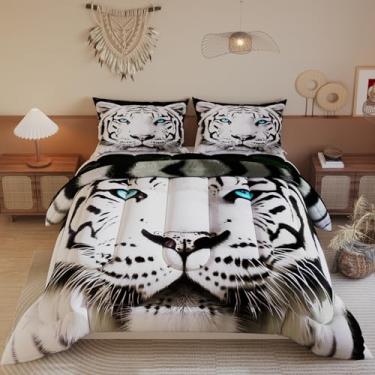 Imagem de Namoxpa Jogo de edredom de tigre branco para meninas, crianças e adultos, estampa 3D com cores brilhantes, conjunto de edredom decorativo com 2 fronhas, tamanho casal