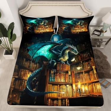 Imagem de Jogo de lençol com elástico dragão castelo com tema mágico misterioso (sem lençol de cima) para decoração de quarto, tamanho solteiro
