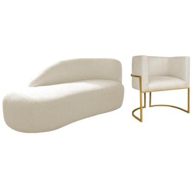 Imagem de Kit Divã Luna 185cm Lado Esquerdo E 01 Poltrona Base De Ferro Dourado Linho Bege