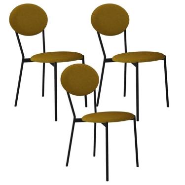 Imagem de Kit 03 Cadeiras Estofada Para Sala De Jantar Azuri Preto C01 Linho Mostarda - Lyam Decor