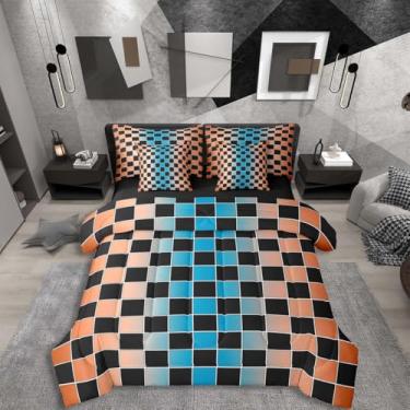 Imagem de Erosebridal Jogo de cama casal xadrez preto, 7 peças, azul, laranja, ombré, em uma bolsa com lençóis, xadrez, buffalo, para crianças e adultos, conjunto de cama de guingão
