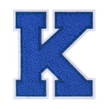 Imagem de 1 peça de patch de letra de chenille azul de 11,4 cm com borda branca – Remendos do alfabeto para roupas, jaquetas, mochilas, chapéus para decoração personalizada, nome personalizado e artesanato. (K)
